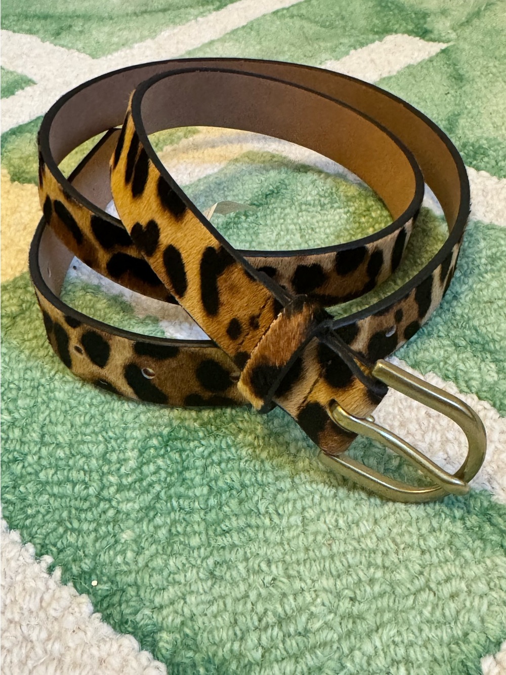 NWOT J. Crew leather/calf hair leopard print belt. Never worn, size M/L